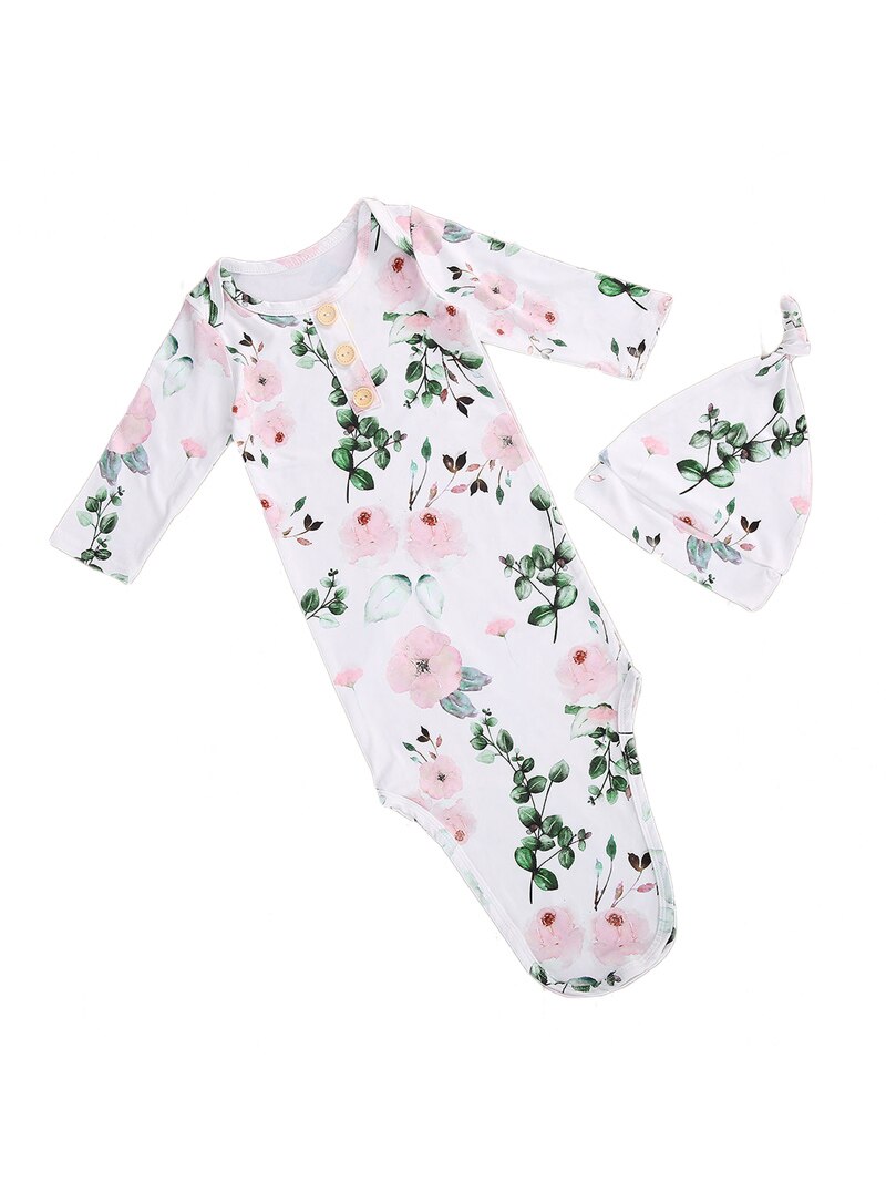 Pudcoco 2 uds., saco de dormir para bebé, sombrero con estampado Floral, largo completo, manga Regular, cuello redondo, botón decorado, ropa de dormir