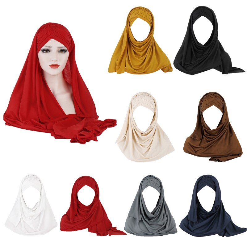 Vrouwen Melk Filer Effen Kleur 2 In 1 Tulband Hoed Instant Sjaal Maleisië Moslim Arabische Cross Plisse Hijab Cap Hoofd wrap Cover Islami