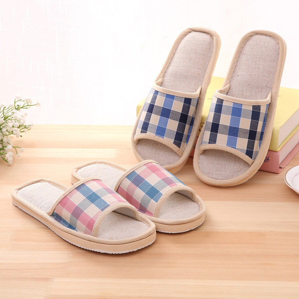 Zapatillas de mujer, zapatillas de tela de algodón para el hogar y el dormitorio, chanclas a cuadros para interior, zapatillas planas, zapatos para mujer A40