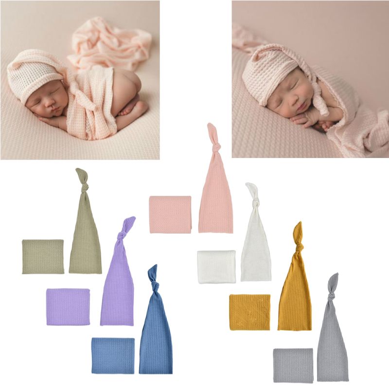 Pasgeboren fotografie prop baby multi-color slaapmutsje + gebreide omslagdoek set studio fotoshoot accessoires