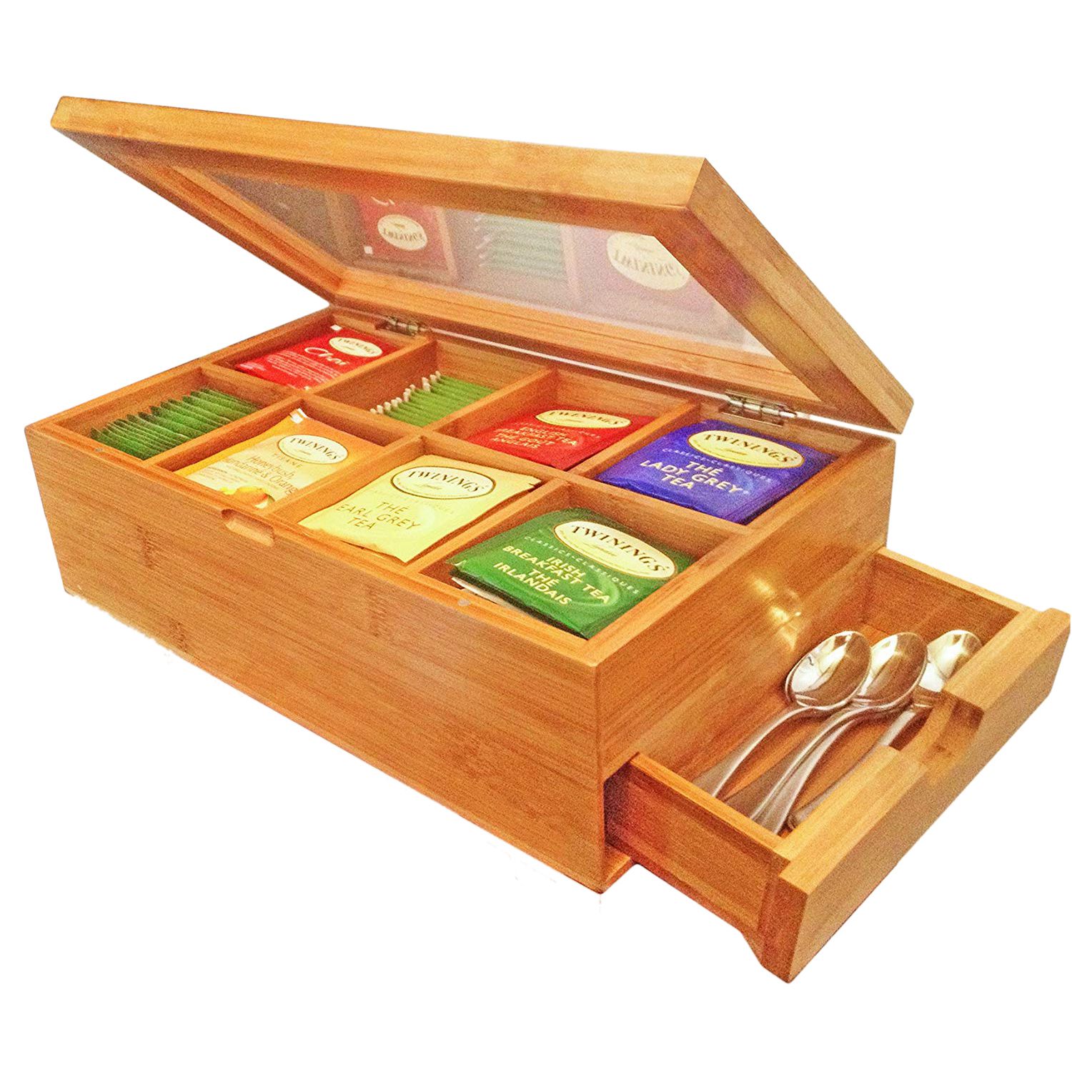 Caja de té, cofre Natural con tapa transparente con bisagras, 8 secciones de almacenamiento con cajón expandible