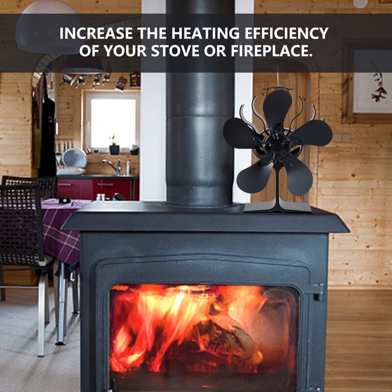 Sort pejs 5 klinge varmedrevet komfur fan brændeovn miljøvenlig stille ventilator hjem effektiv varmefordeling