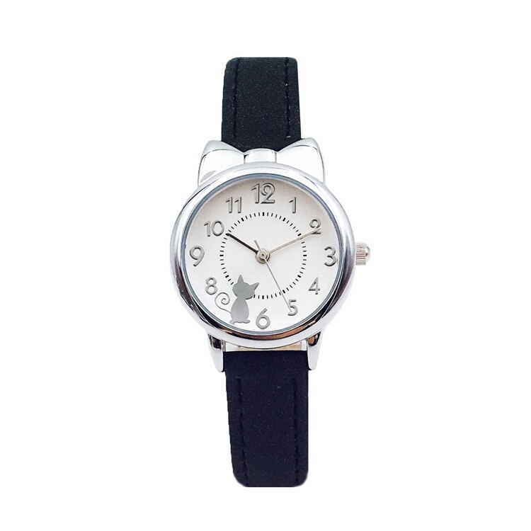 Leuke Casual Meisje Horloge Kids Leuke Lederen Band Cat Horloges Waterdicht Mooie Kid Kinderen Quartz Student Polshorloge: black-silver