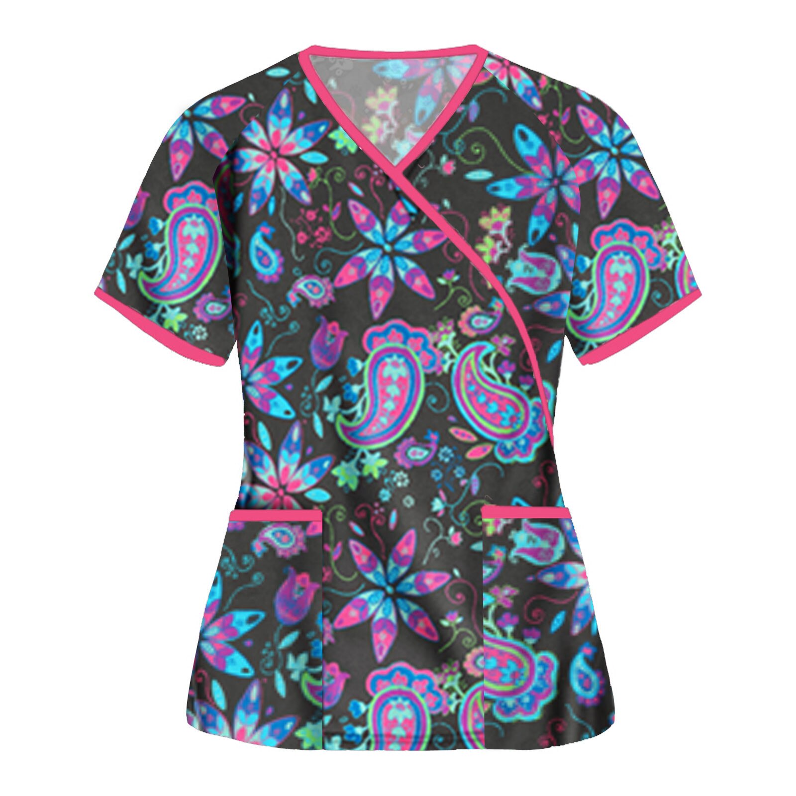 Scrubs Medische Uniformen Vrouwen Kleding Korte Mouw V-hals T-shirt Tops Werken Uniform Zomer Print Blouse Scrub Tops J30: BK / Xxl