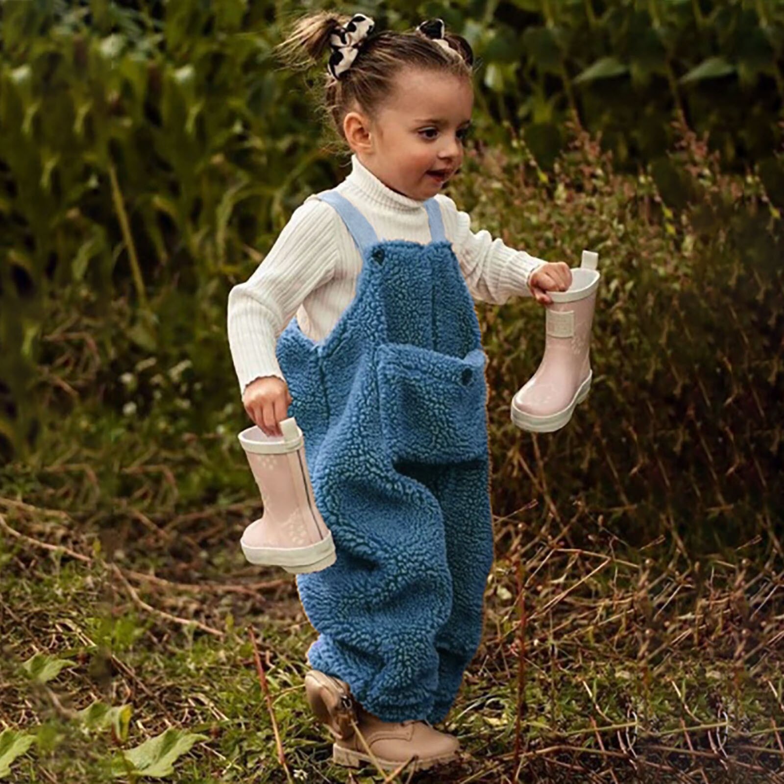 Toddler Infant Kids Baby Girl Boys Solid Colors Plush Flannel Suspender Pants Overalls Warm Winter Loose Bodysuit#p4
