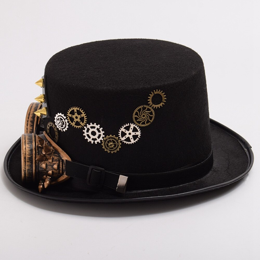 Black Steampunk Punk Hoed Met Bril Gothic Vrouwen Mannen Cosplay Klinknagel Gear Fedora Bowler