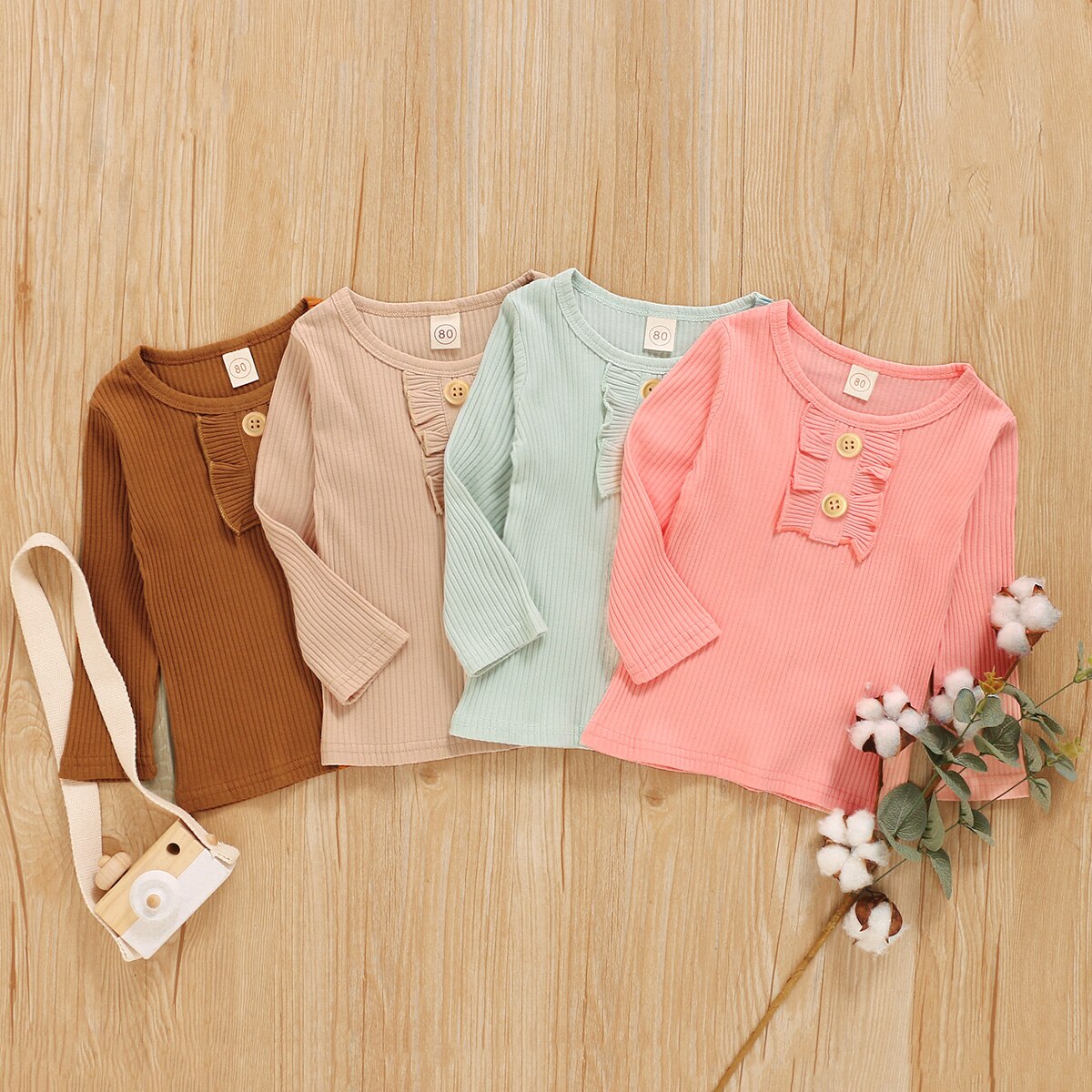 Herfst Warm Peuter Kids Meisjes Baby Tops Lange Mouw Effen Kleur Ruche Decoratie Knop Klassieke Ronde Hals Lente Kleding