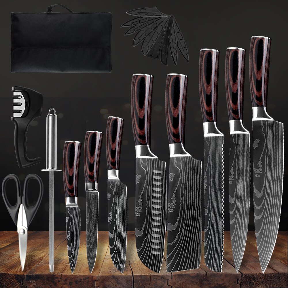 XYj Professionelle Küche Koch Messer Set Japanischen 7CR17 High Carbon Edelstahl Nachahmung Damaskus Muster Kochen Messer Set