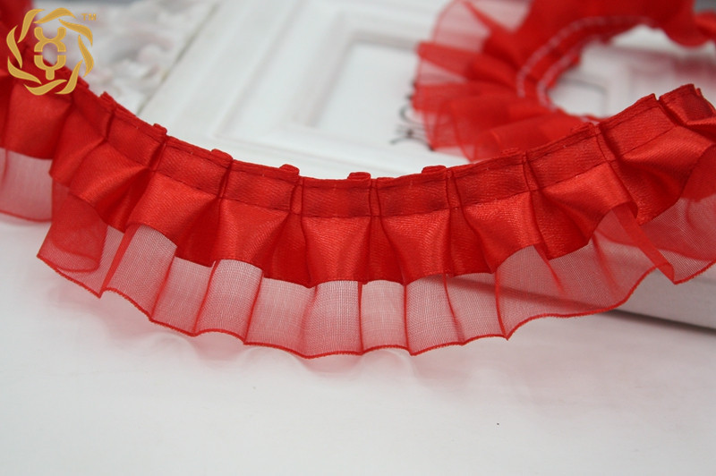 5.5 Yards (5 Meter) double Layer Ruches Eenzijdige Organza Tulle Satin Lint Trim 40Mm Naaien Wedding Craft Diy: Rood / L