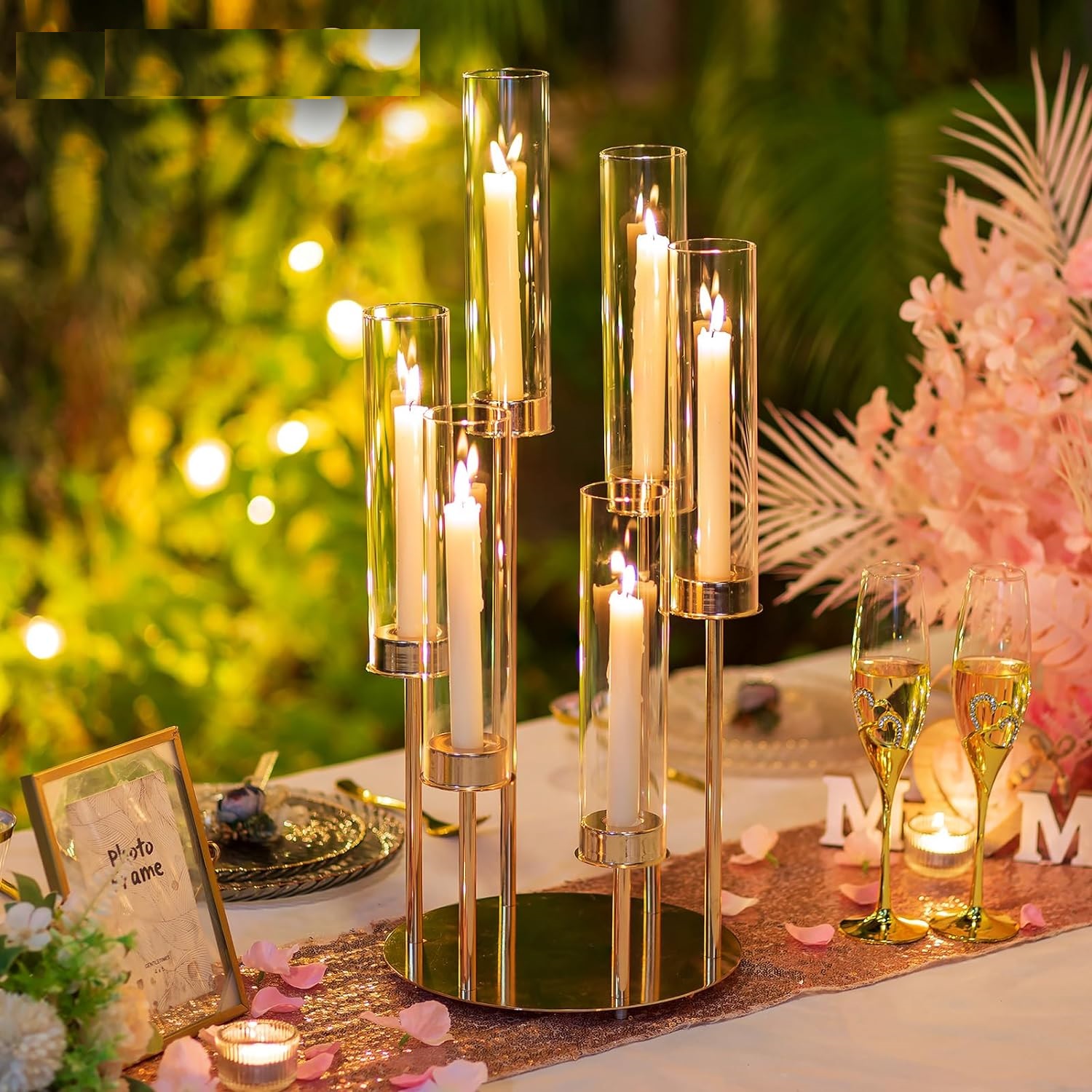 Candelabro de Metal dorado de 6 brazos para centro de mesa de boda, candelabros grandes, soporte cónico para mesa de boda al aire libre