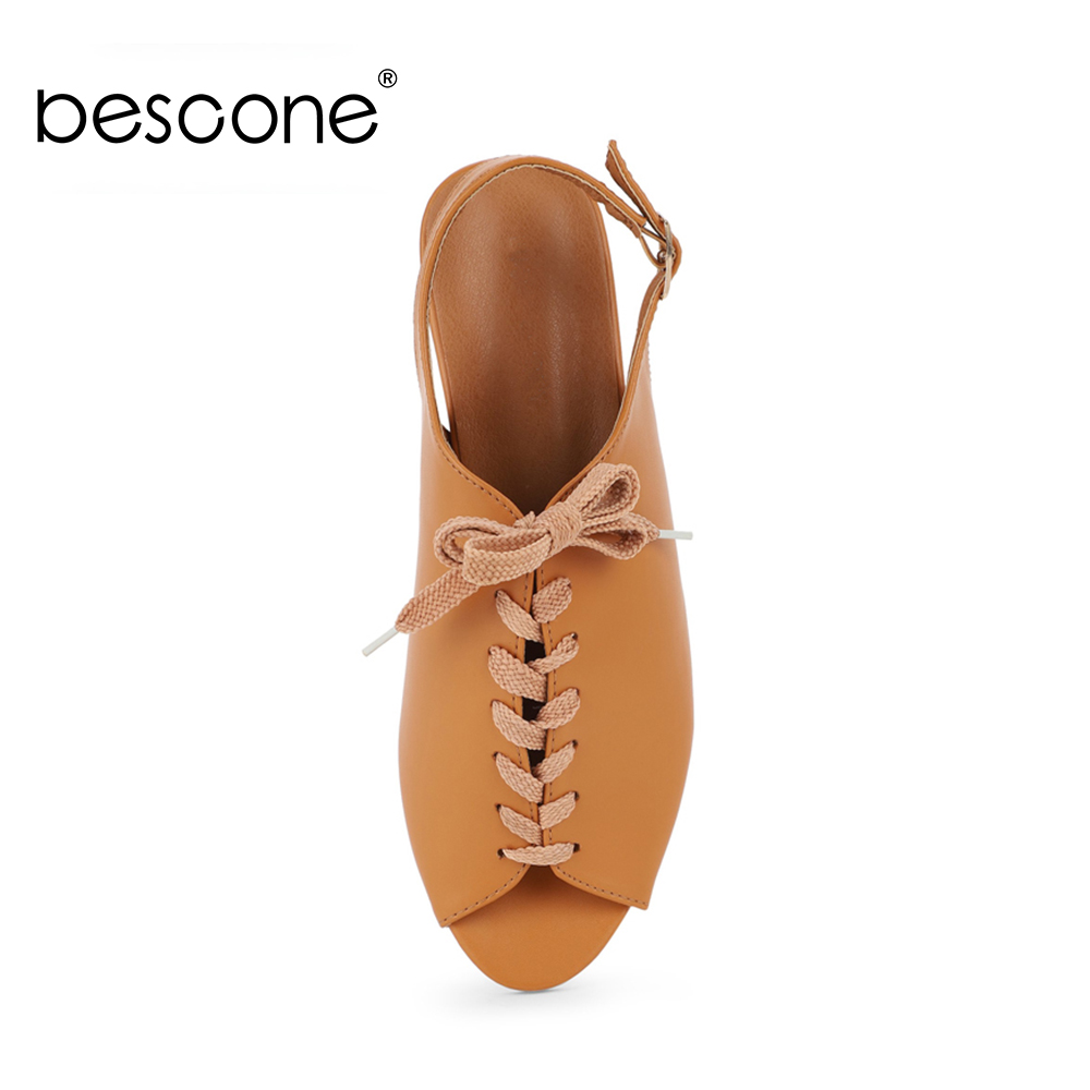 BESCONE Casual Women Sandals Peep Toe 1cm Flat With Slip-On Cross-Strap Buckle Decoration Shoes Solid Sandals BM388
