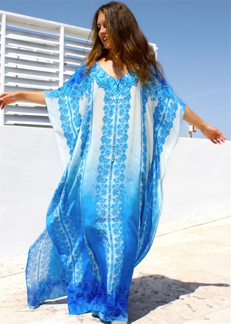 Bohemian Beach Dress Women Sea Blue Printed Kaftan Robe Maxi Bikini Cover Up Cotton Tunic Oversize Batwing Sleeve Swim Suit