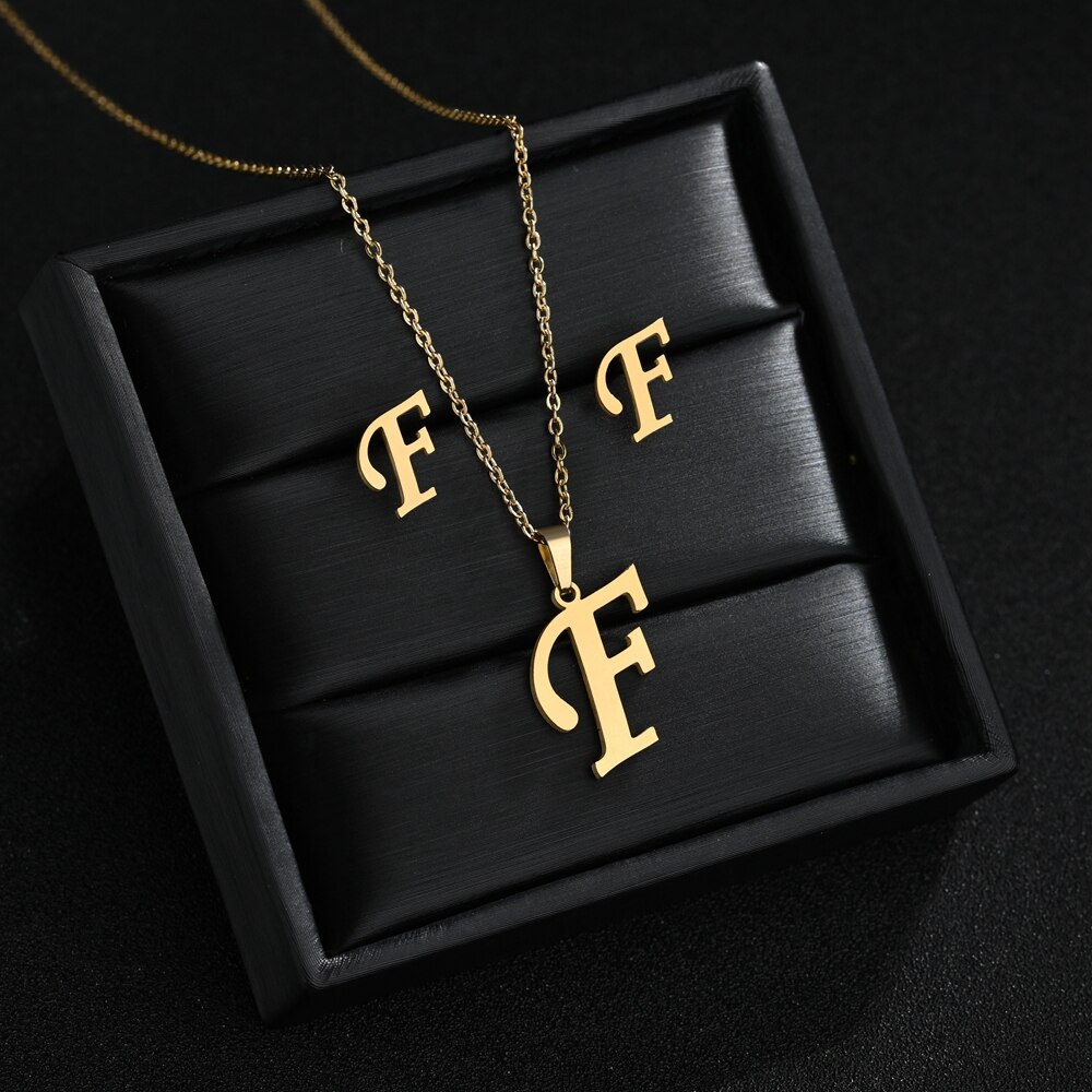 A-Z Edelstahl Ersten Halskette Und Ohrringe Schmuck Sets Alphabet Anhänger Kette Brief Zubehör: F