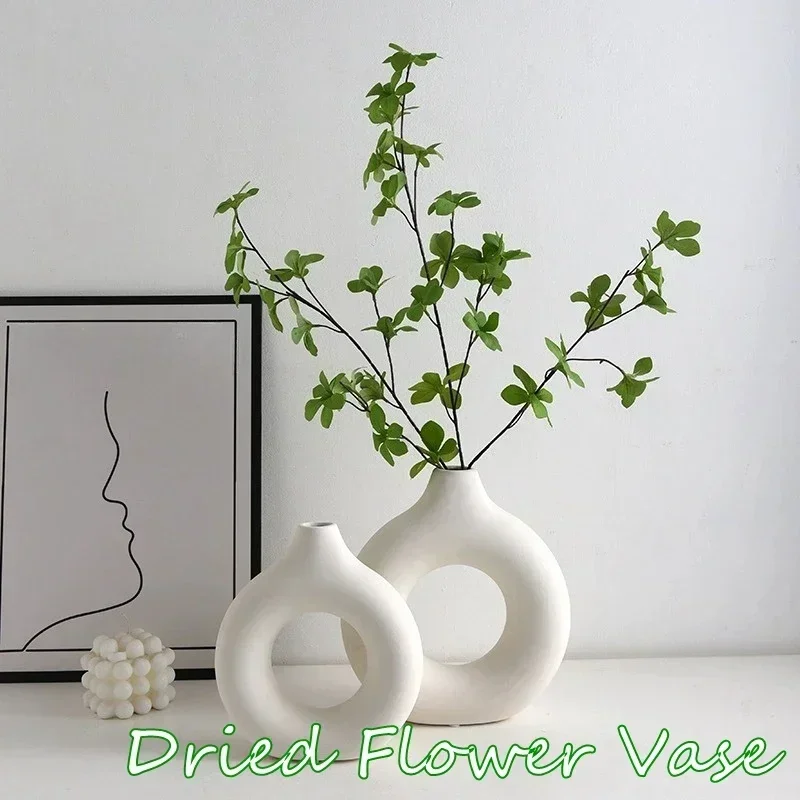 Florero decorativo de imitación de cerámica blanca pura, adorno de arreglo de flores de una sola rama, de Donut, decoración de mesa para maceta