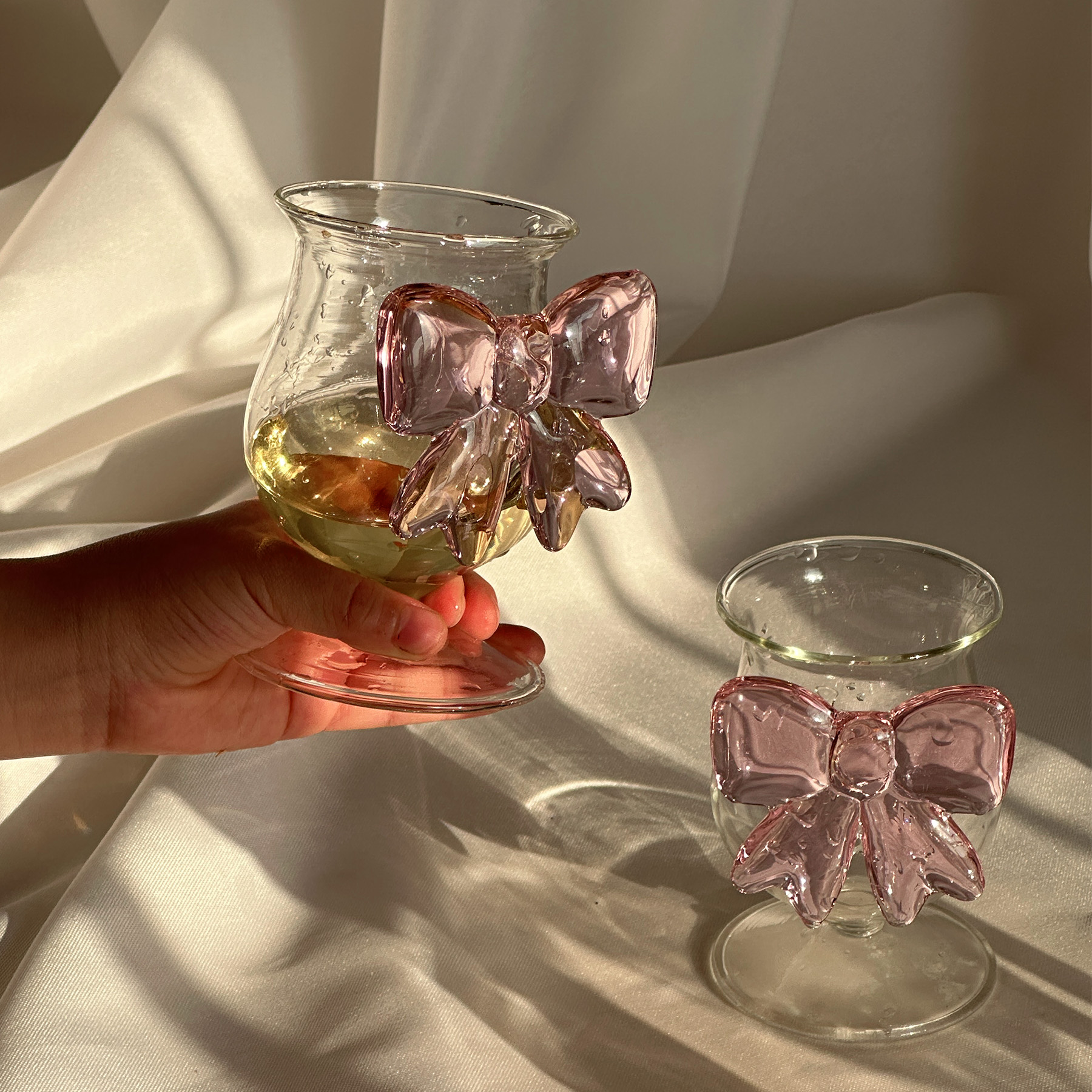 Pink large Bow Glass Decor Glass Cup Goblet Bow Handle Glasses Heat-resistant High Borosilicate Dessert Ice Cream Bowl