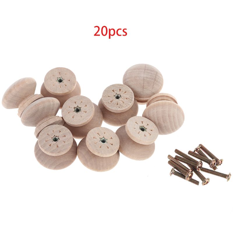 20PCS Natural Wood Cabinet Drawer Pull Handles with Screws Wardrobe Door Knobs