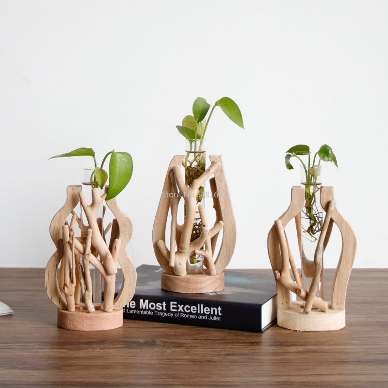Hem dekorativa rent handarbete trävas dekorerad massivt trä blomkruka för glas blommig hydroponisk behållare vas