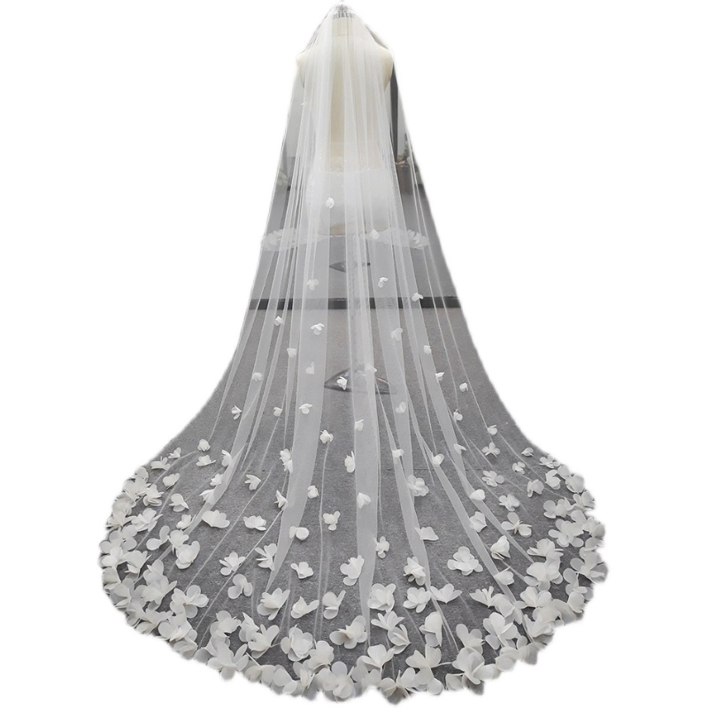 Wit Ivoor Bridal Veil Lange Kathedraal Bruiloft Sluiers 3D Bloemen Bloemen Kant Bloemblaadjes Sluier Bruid Velos De Novia Bruiloft Accessoires