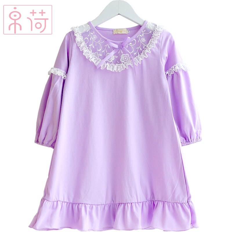 Girls Pajamas Baby Nightdress sleepwear100% Cotton Thin Long Sleeve Home Clothing Children Nightgowns 2y-14y: Lavender / 140