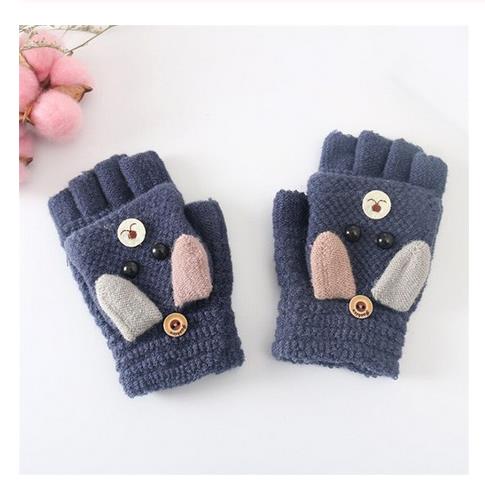 Winter Christmas Kids Warm Gloves Primary School Cashmere Knit Flip Half Finger Gloves Cartoon Mittens For Boys Girls 6-12Y: Navy Blue