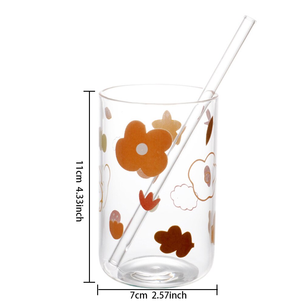 Cute Fruit Printed Glass Mug Cup Heat-resistant Milk Juice Glass Water Cup with Straw Beer Coffee Cup Whiskey Lemon Tea Mugs: L 300ml