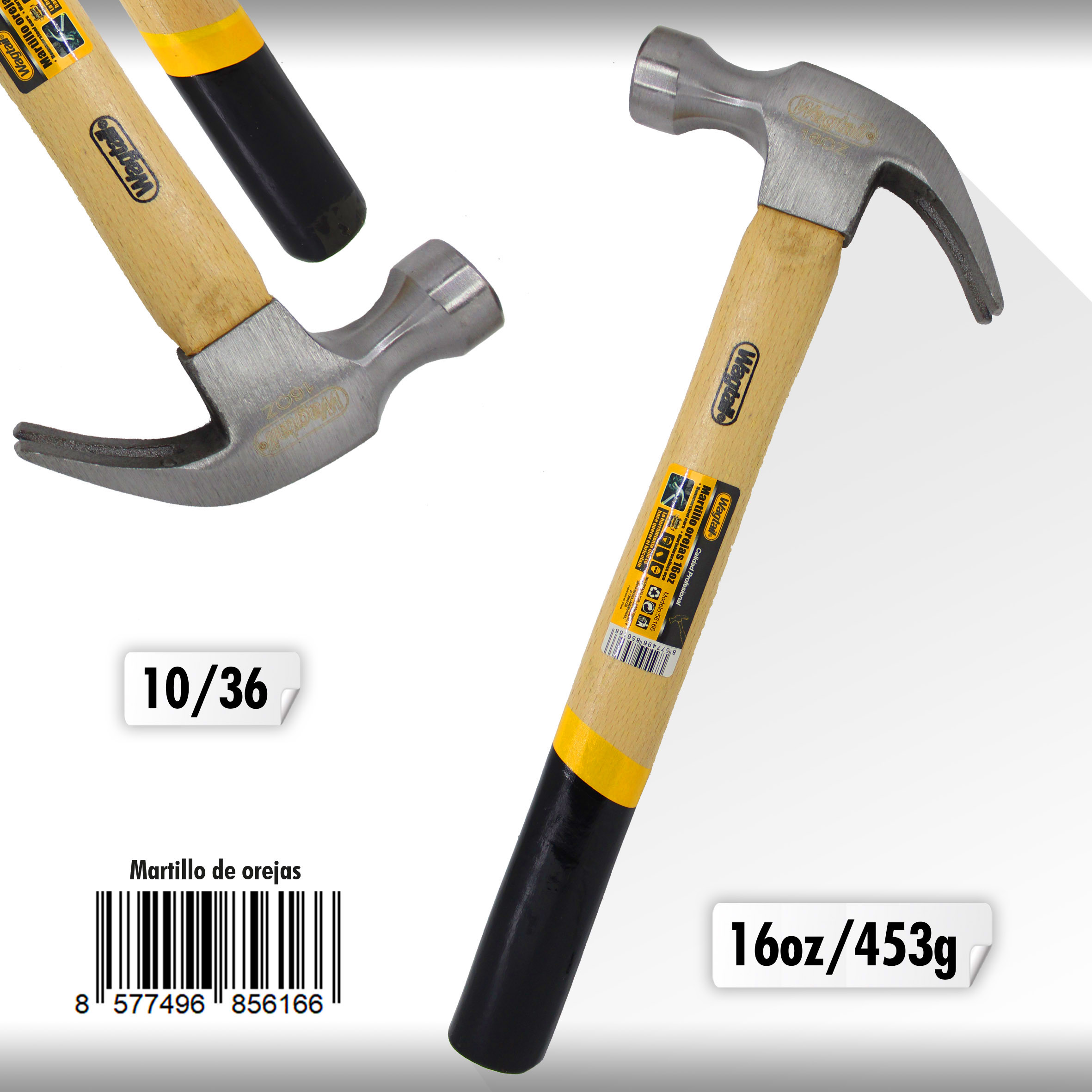 Wagtail Martillo de carpintero, martillo de orejas con mango de madera, martillo de clavos, martillo de garra, herramientas taller mecanico, herramientas de mano, herramientas carpinteria: 454g (16oz)