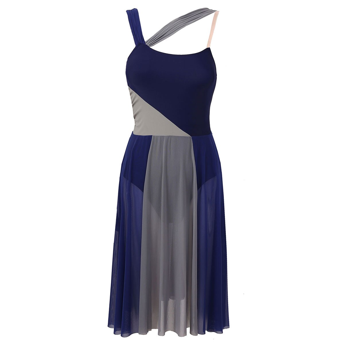 Vrouwen Volwassenen Mouwloze Mesh Schouderbanden Kleur Blok Turnpakje Jurk Voor Lyrical Moderne Hedendaagse Dans Kostuum Prestaties: Navy Blue / S