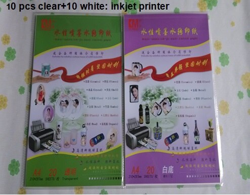 (10 Clear + 10 Wit)/Lot Inkjet Waterbasis Inkjet Water Transfer Papier Voor Keramiek, hout, Plastic, Bamboe, Metaal