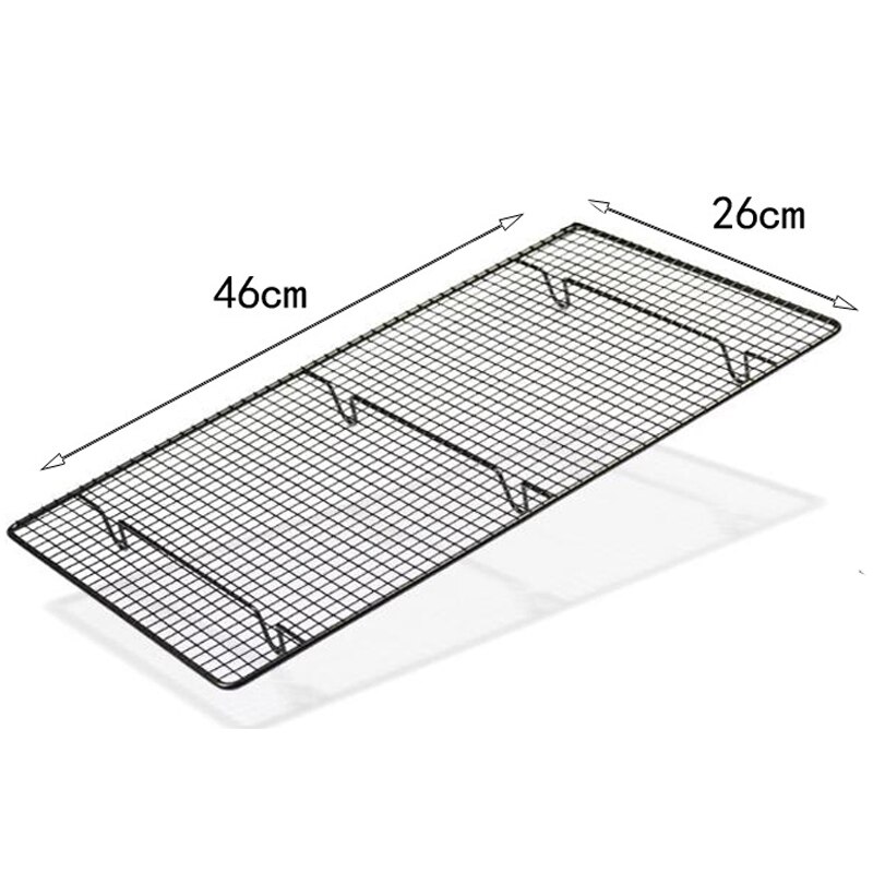 Rustfrit stål trådrist kølebakke kage mad stativ ovn køkken bagning pizza brød grill kage kiks holder hylde stativ: Sort  l 46 x 26cm jiao