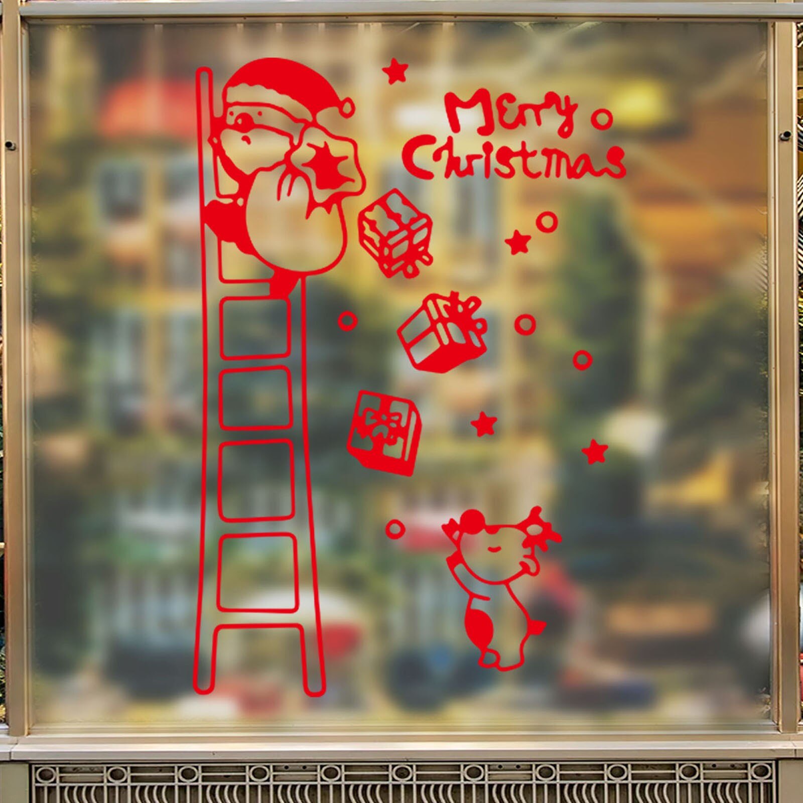 Merry Christmas Letters Wall Stickers Santa Claus Static Sticker Ladder Old Man Scene Removable Window Sticker Home Decoration