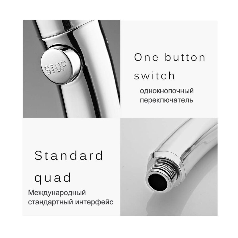 Bathroom Shower Head Stop Button High Pressure 3 Spary Setting Rainfall Jetting 360 degree Adjustable Hand Shower Head