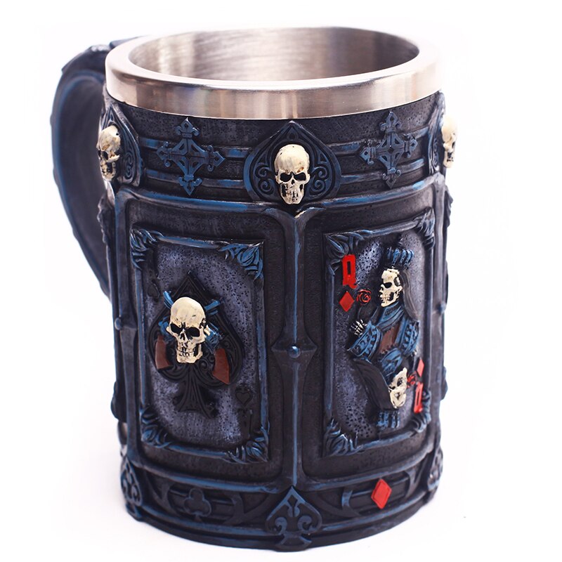 Skull Mug Poker Skull Maltese 3D Tankard 304 Stainless Steel Inner Punk Gothic Beer Mugs Cup Halloween Birthday 400mL