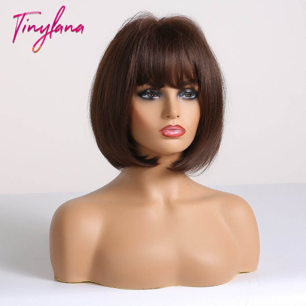 TINY-pelucas sintéticas de LANA recto oscuro para mujer, con flequillo, peluca de Bob corto, pelo Bobo resistente al calor, para Cosplay