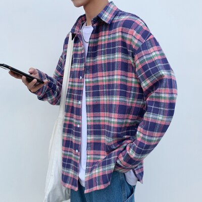 Ruihuo våren casual rutig skjorta herr slim fit bomull herr långärmade skjortor herr toppar märke plus size m -2xl: Blå / L