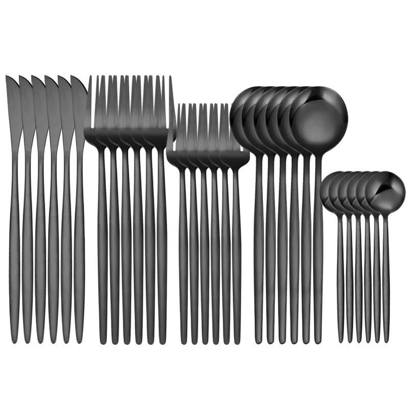 30Pcs White Gold Dinnerware Set Stainless Steel Knife Fork Spoon Cutlery Set Kitchen Tableware Set Flatware Set: 30Pcs Black