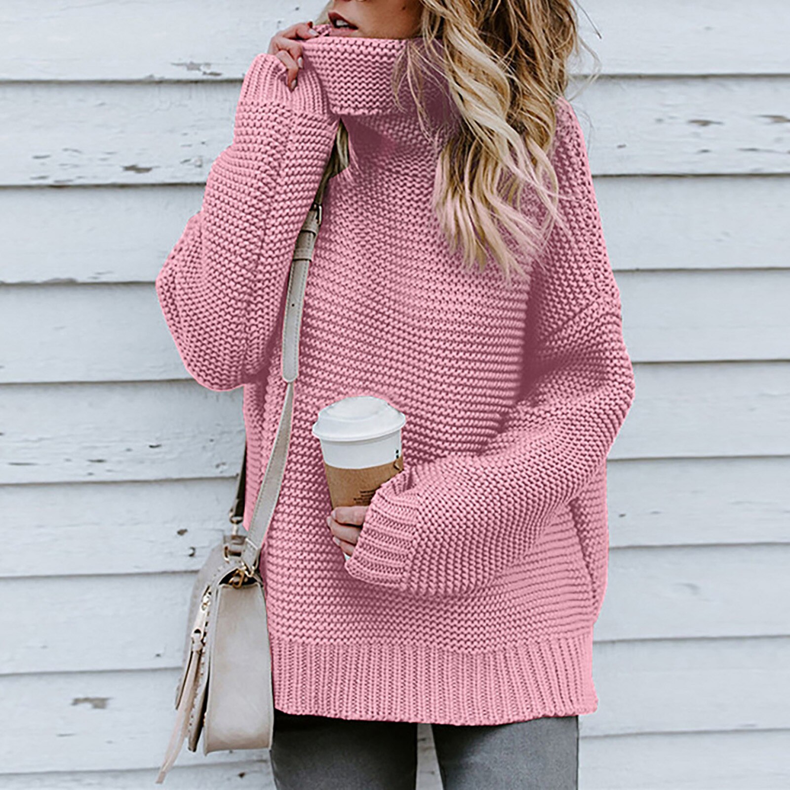 Pull à manches longues et col roulé pour femme, couleur unie, à la , hiver,