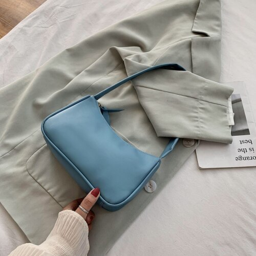 Doux en cuir PU femmes violet sous les bras sac rétro couleur unie dames Baguette sacs à main de filles petits sacs à bandoulière: Bleu