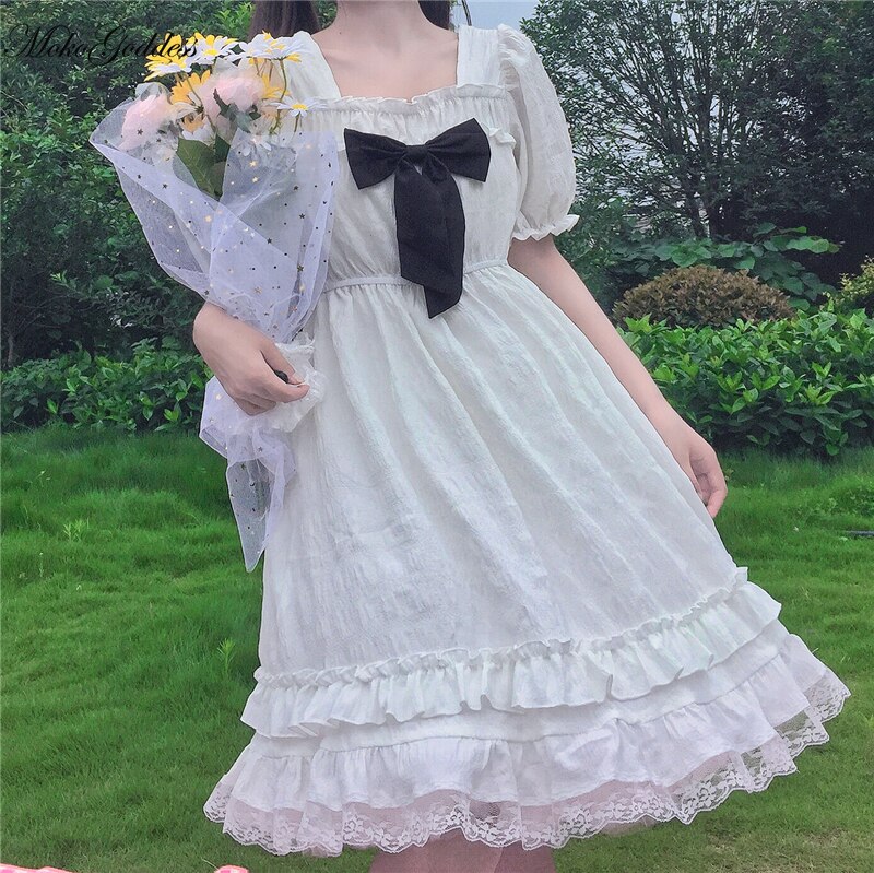 Kawaii mignon Lolita robe blanche noir nœud papillon doux mignon japonais robe victorienne robe kawaii fille gothique lolita