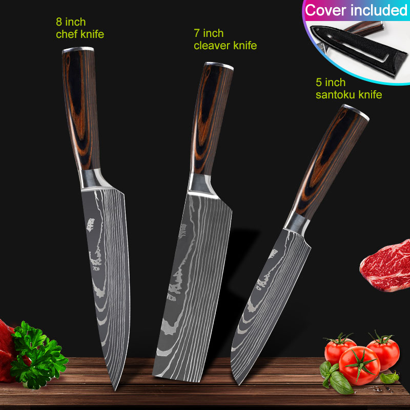Köksknivar set kockknivar rostfritt stål imitation damaskus mönster santoku klyv skärning verktygsknivar: 3 st uppsättning b