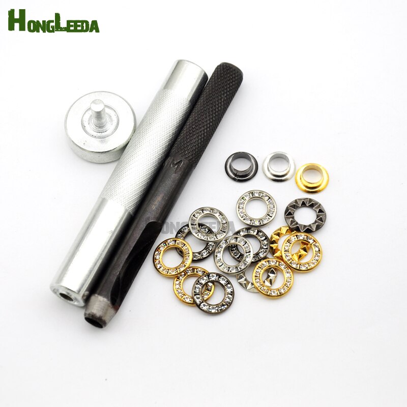 DIY 1 sets hand press tools + 100sets/lot 3colors 12mm round metal brass rhinestone eyelets glass grommets