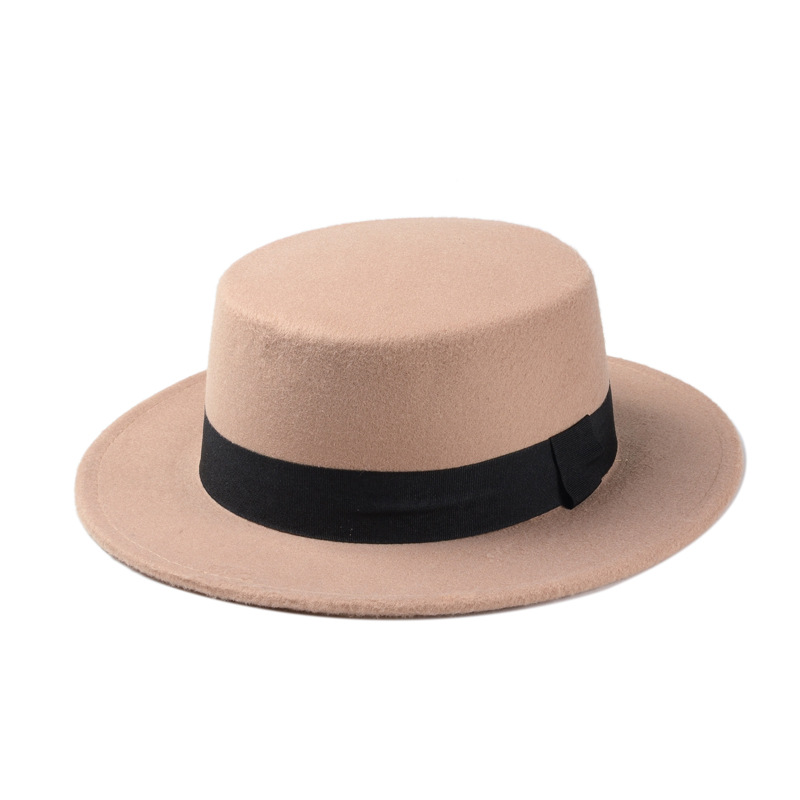 Brand Wool Boater Flat Top Hat For Women's Felt Wide Brim Fedora Hat Laday Prok Pie Chapeu de Feltro Bowler Gambler Top Hat: Khaki