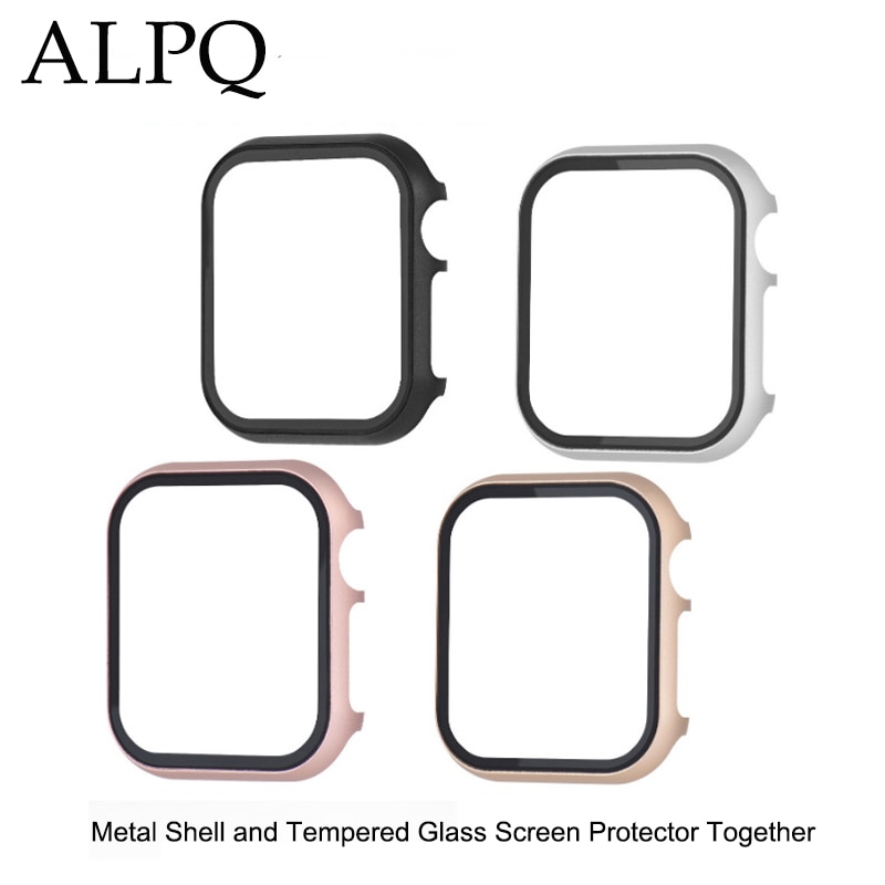 Alpq hoesje voor apple watch 38mm 40mm 42mm 44mm metalen behuizing gehard glas volledige beschermfolie voor apple watch 4 3 2 1 hoesje