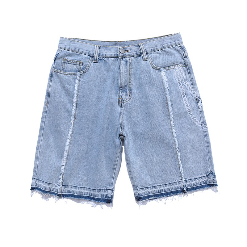 Harajuku High Street Loose Straight Necklace Print Jeans Shorts Men and Women Wide Leg Frayed Hip Hop Denim Shorts Oversize