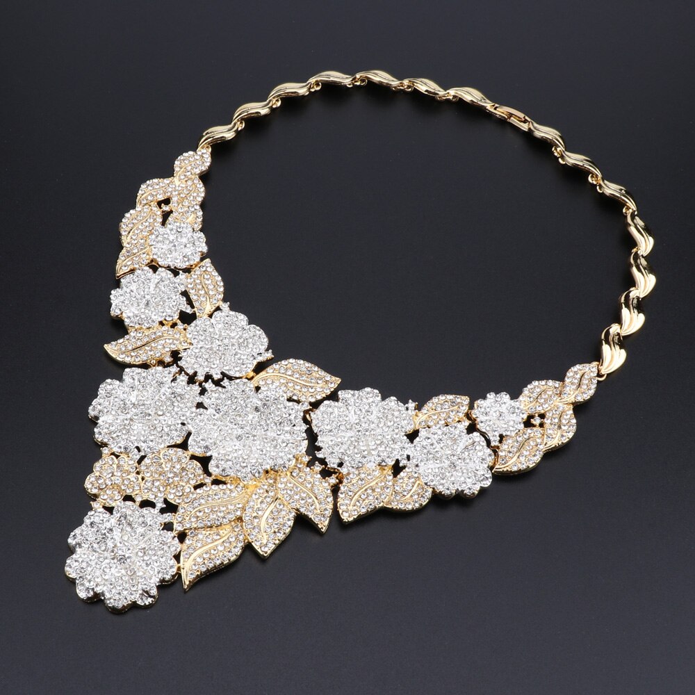 Nigérian mariage mariée africaine couleur or fleur en forme de bijoux ensemble Dubai cristal collier Bracelet boucles d'oreilles ensemble de bagues pour les femmes