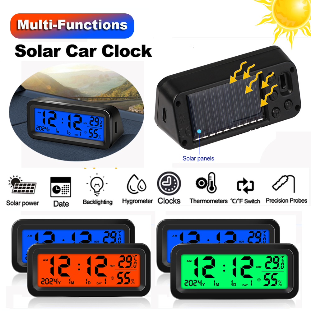 Digitale zonne-auto klok Datum Week Temperatuur Vochtigheid LCD-achtergrondverlichting Display voor dashboard Autoklok Auto's Intern Stick-On