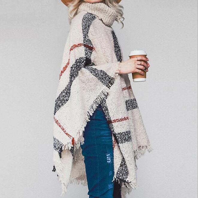 Efterår vinter poncho strikket rullekrave plaid kvinder poncho flagermusærmer lange ponchoer og kapper sweater pullovere