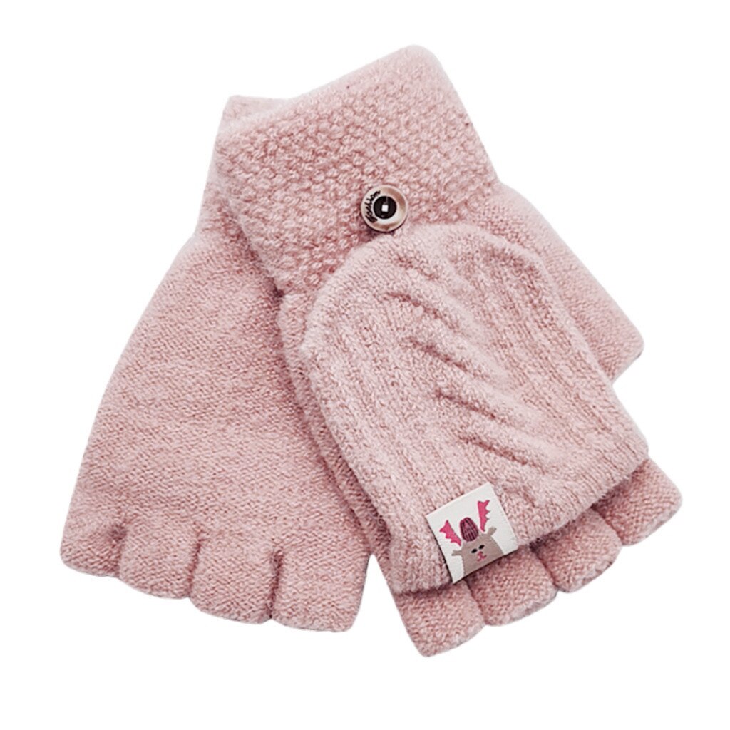 Winter Gloves Children Kids Warm Knitted Convertible Flip Top Fingerless Mittens Gloves Plus Thick Male Mitten L3: Pink