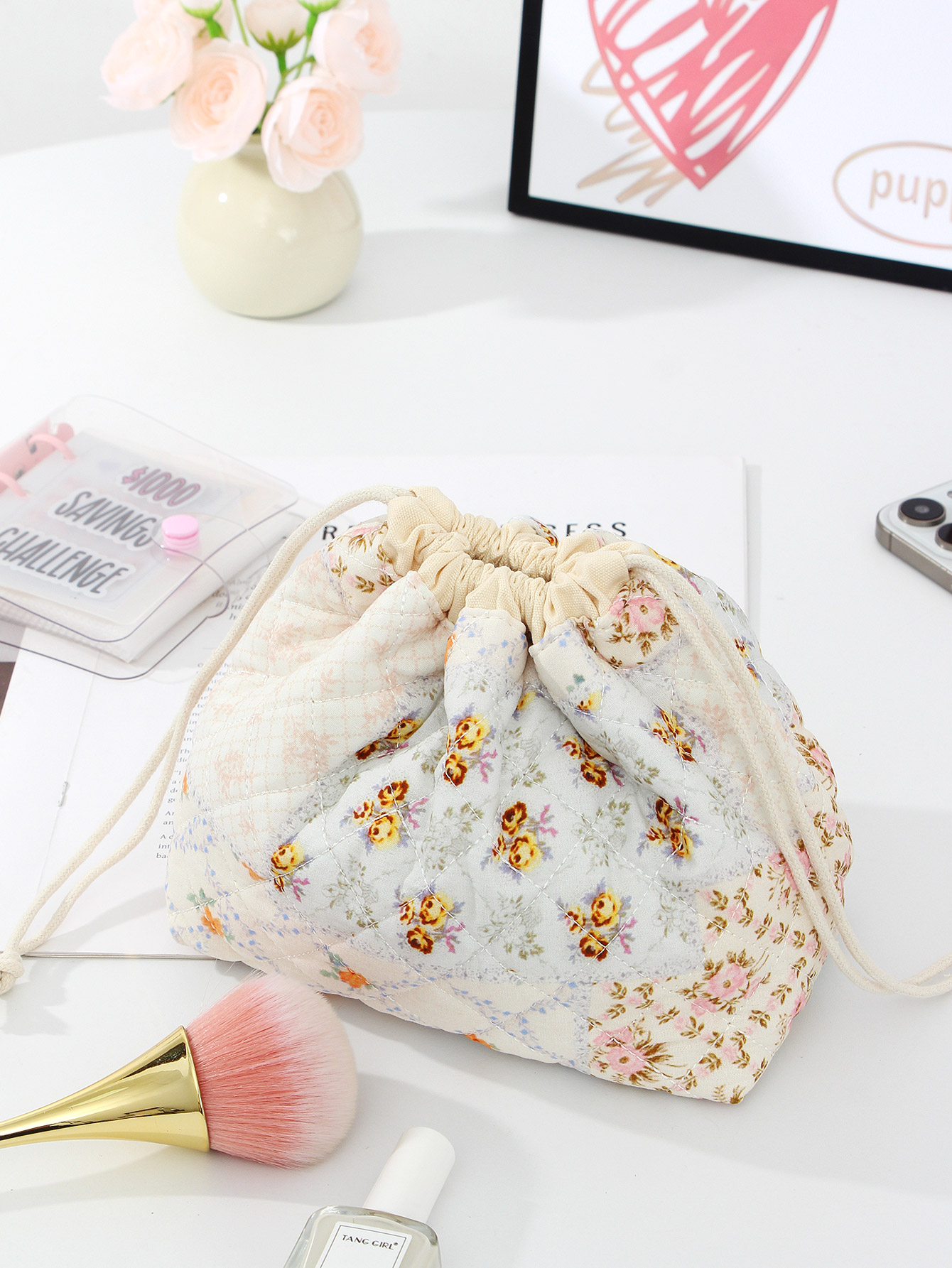 1-delige make-uptas met bloemenkoord en trekkoord, make-uptas voor badkamertoiletartikelen, essentiële make-uptas voor op reis