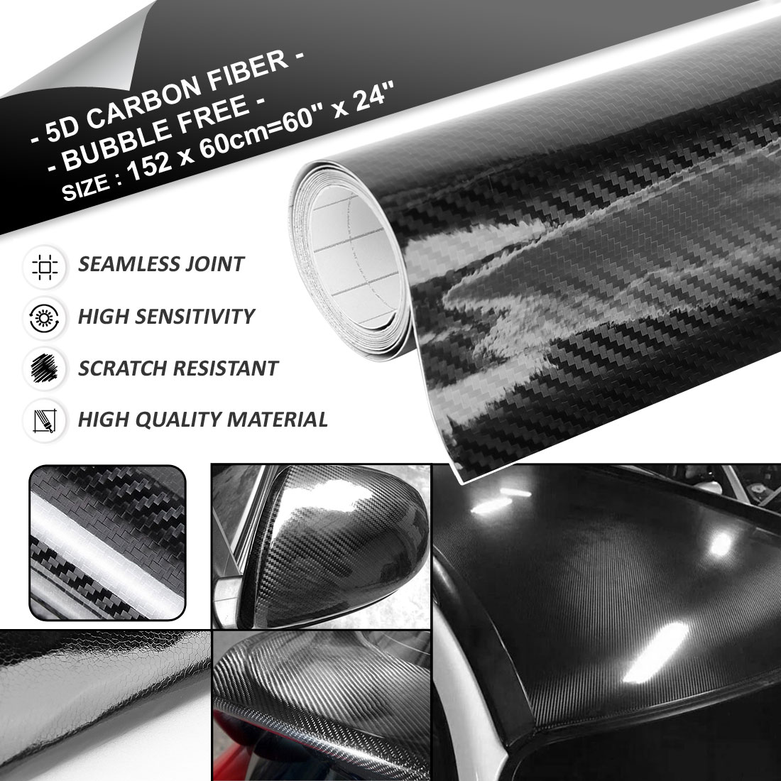 Uxcell 3D 4D 5D 6D de fibra de carbono burbuja de estirable coche película de vinilo adhesivo 152x60 cm/100 cm x 50 cm/152 cm x 30 cm/300x50 cm