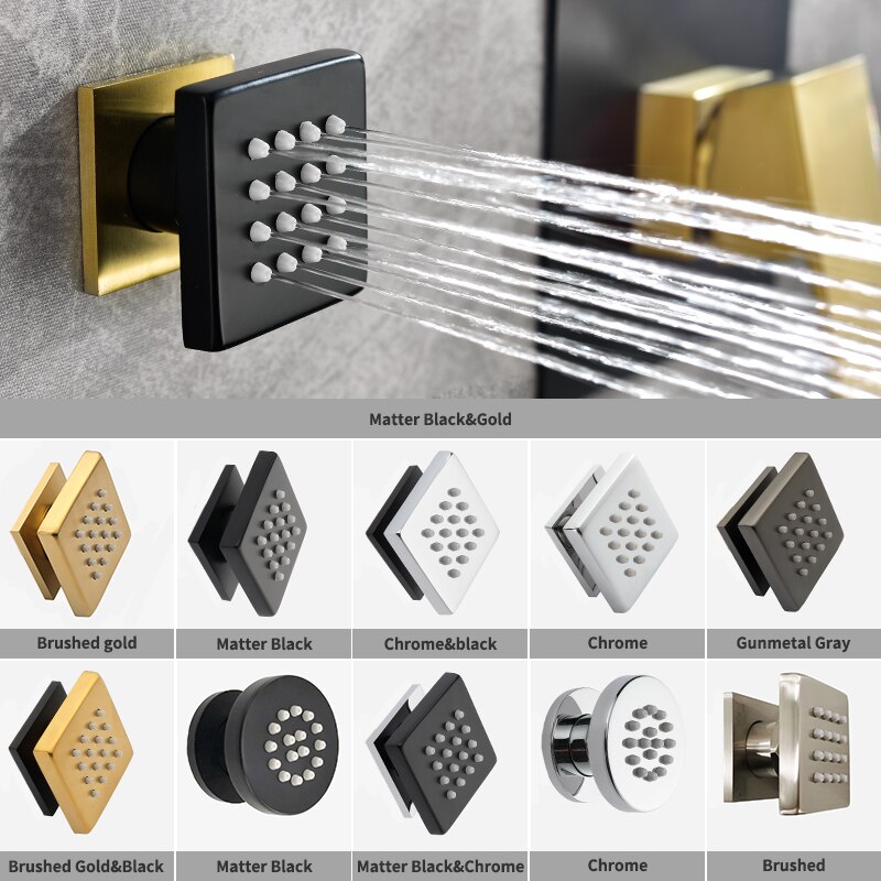 Square Black Body Rain Shower Spray Jets Bathroom Solid Brass Square Head Sprayer Set Saving Water Massage Jet System